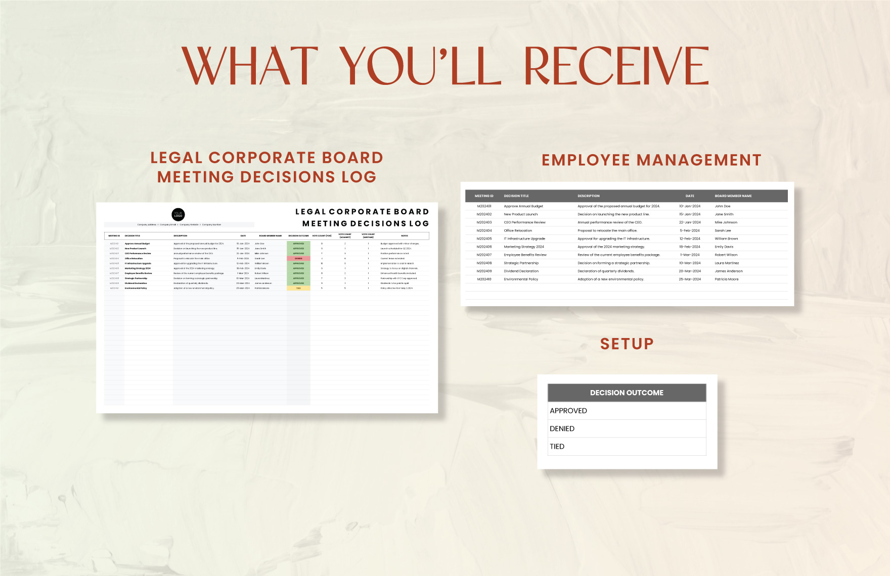 Legal Corporate Board Meeting Decisions Log Template