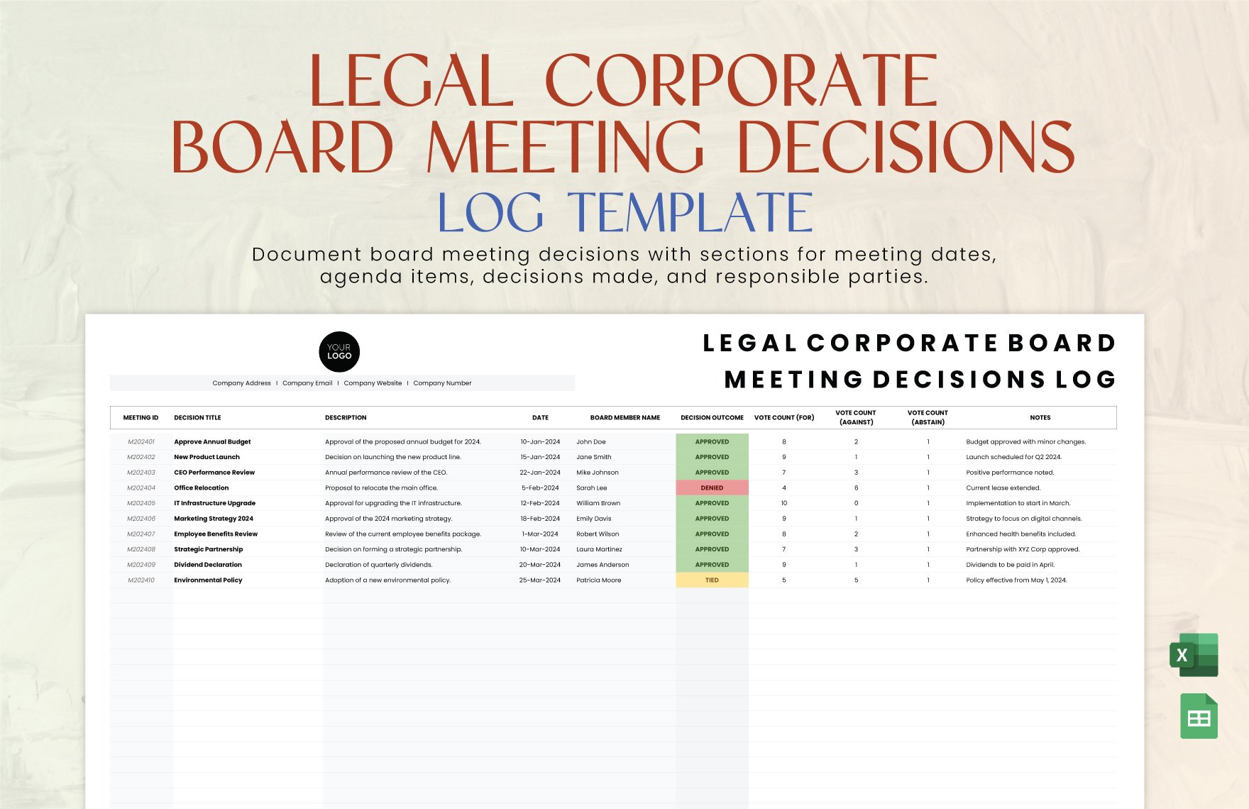 Legal Corporate Board Meeting Decisions Log Template in Excel, Google Sheets