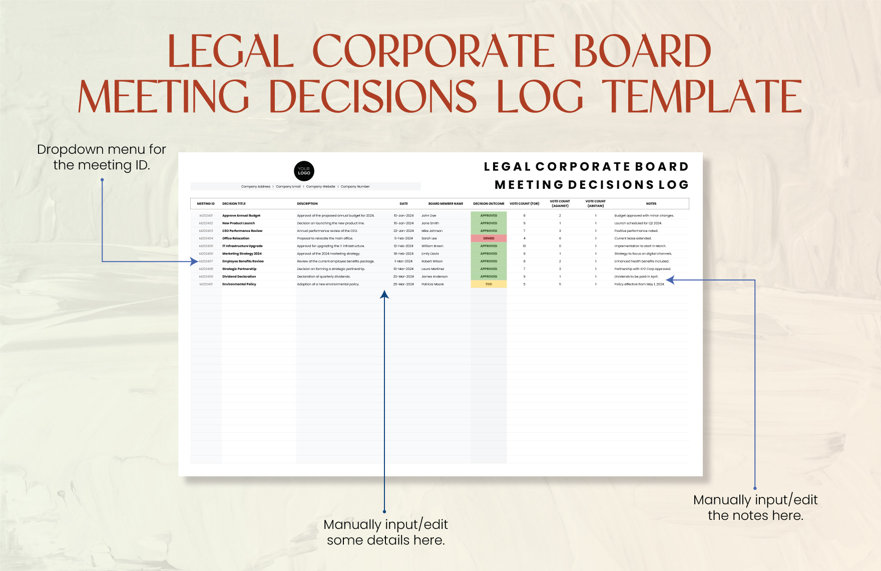 Legal Corporate Board Meeting Decisions Log Template
