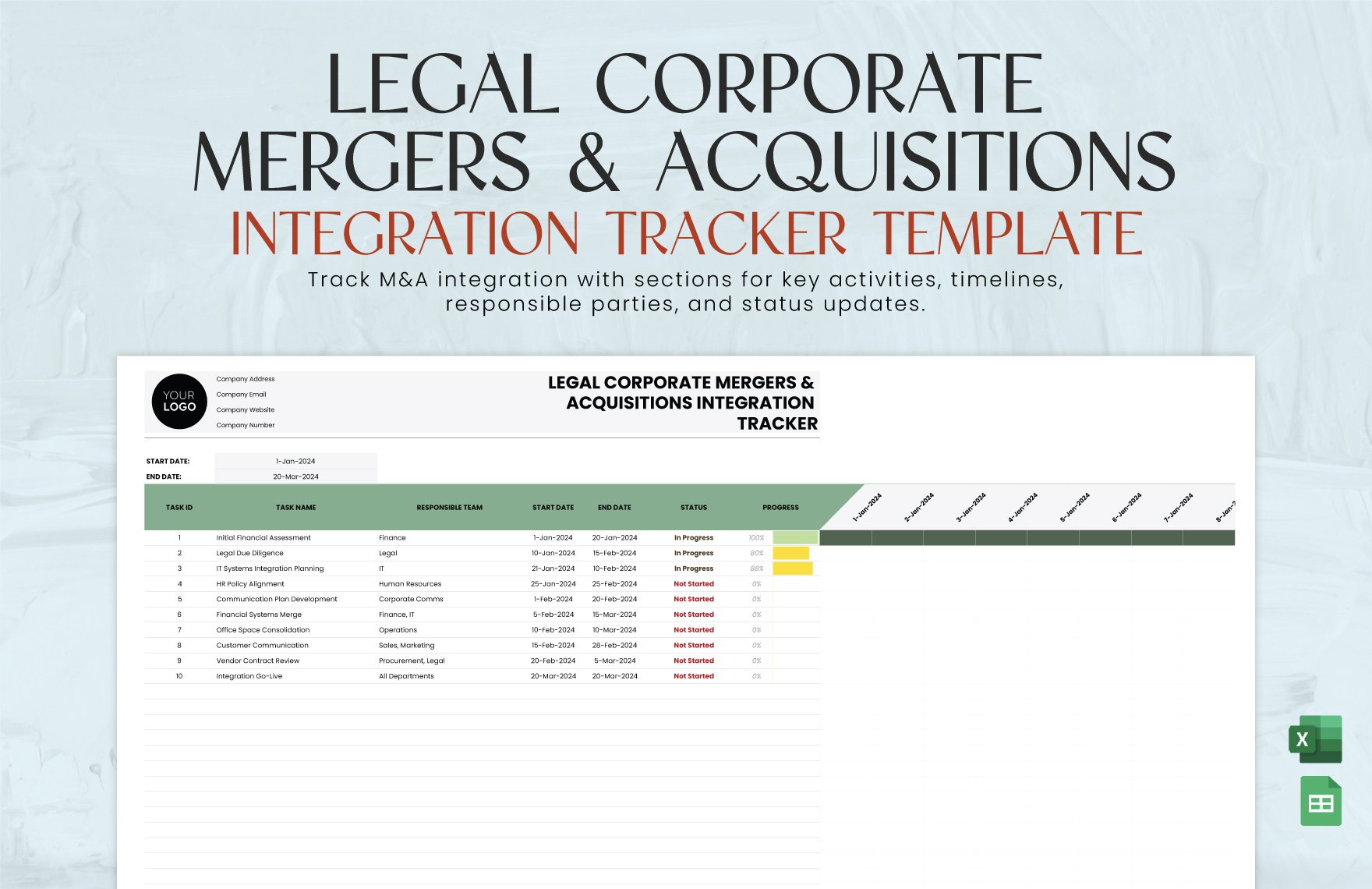 Legal Corporate Mergers & Acquisitions Integration Tracker Template in Excel, Google Sheets