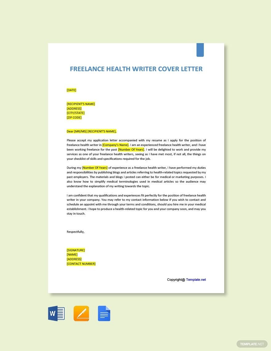 Free Freelance Health Writer Cover Letter Template