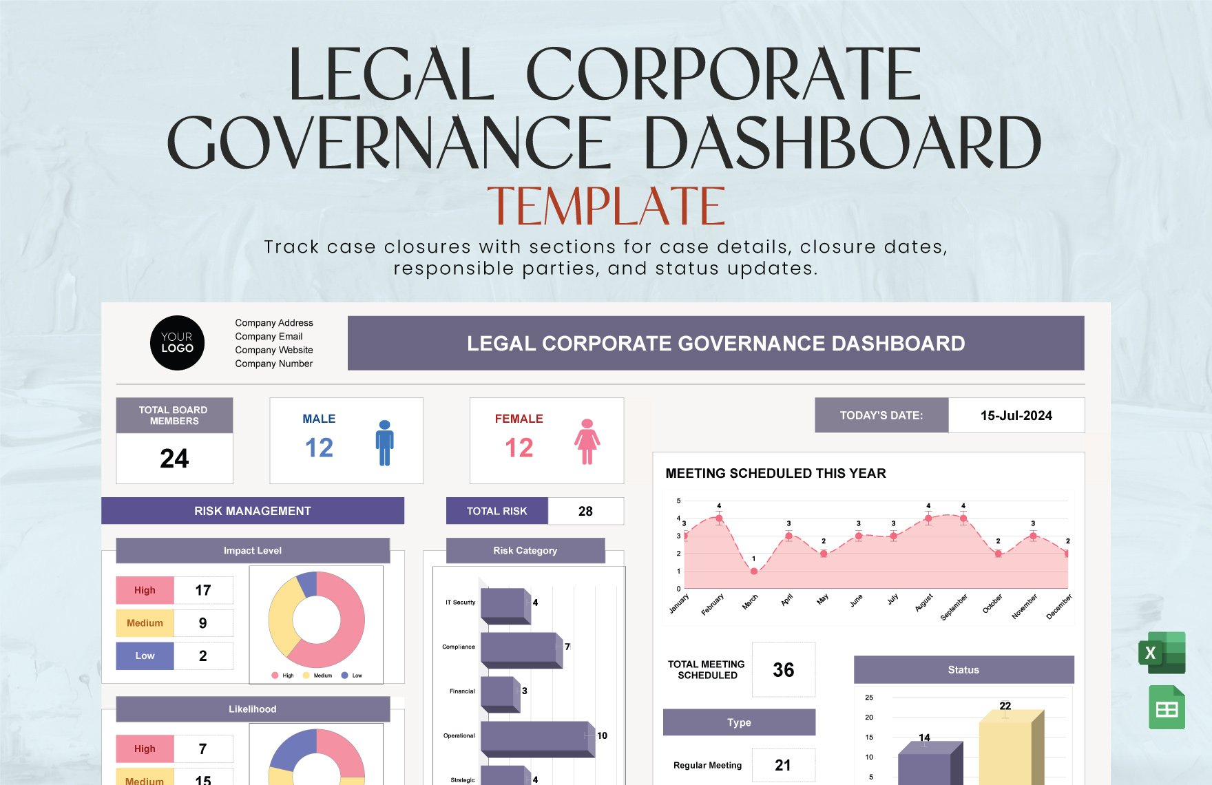Legal Corporate Governance Dashboard Template in Excel, Google Sheets