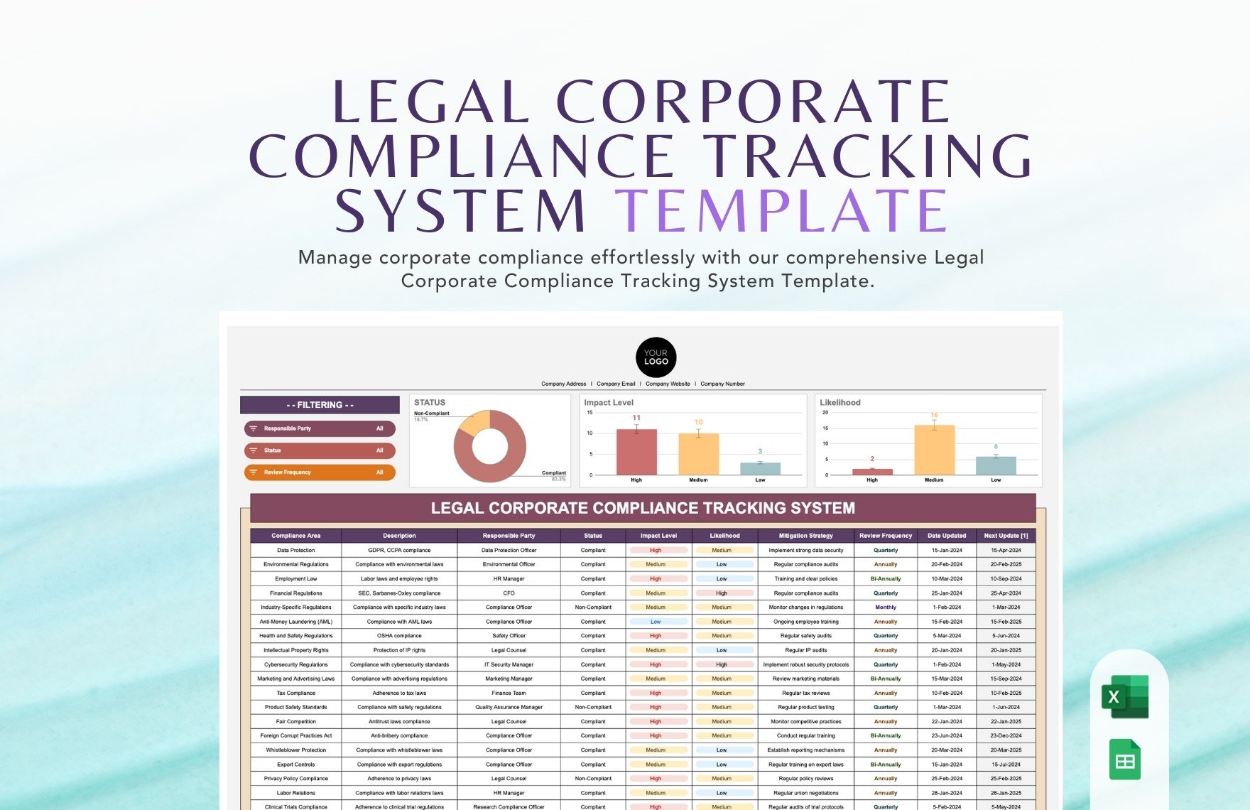 Legal Corporate Compliance Tracking System Template in Excel, Google Sheets