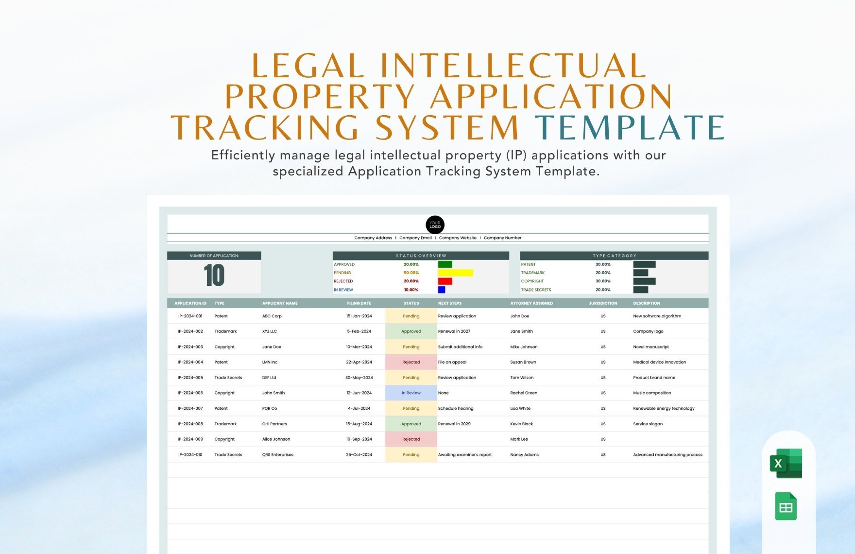 Legal Intellectual Property Application Tracking System Template in Excel, Google Sheets