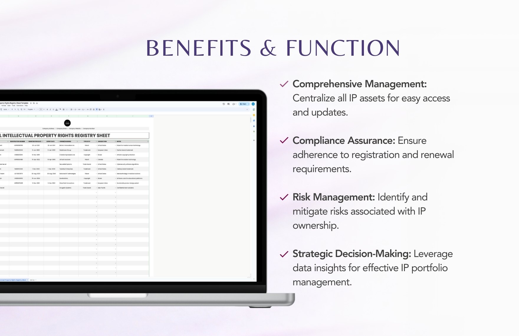 Legal Intellectual Property Rights Registry Sheet Template