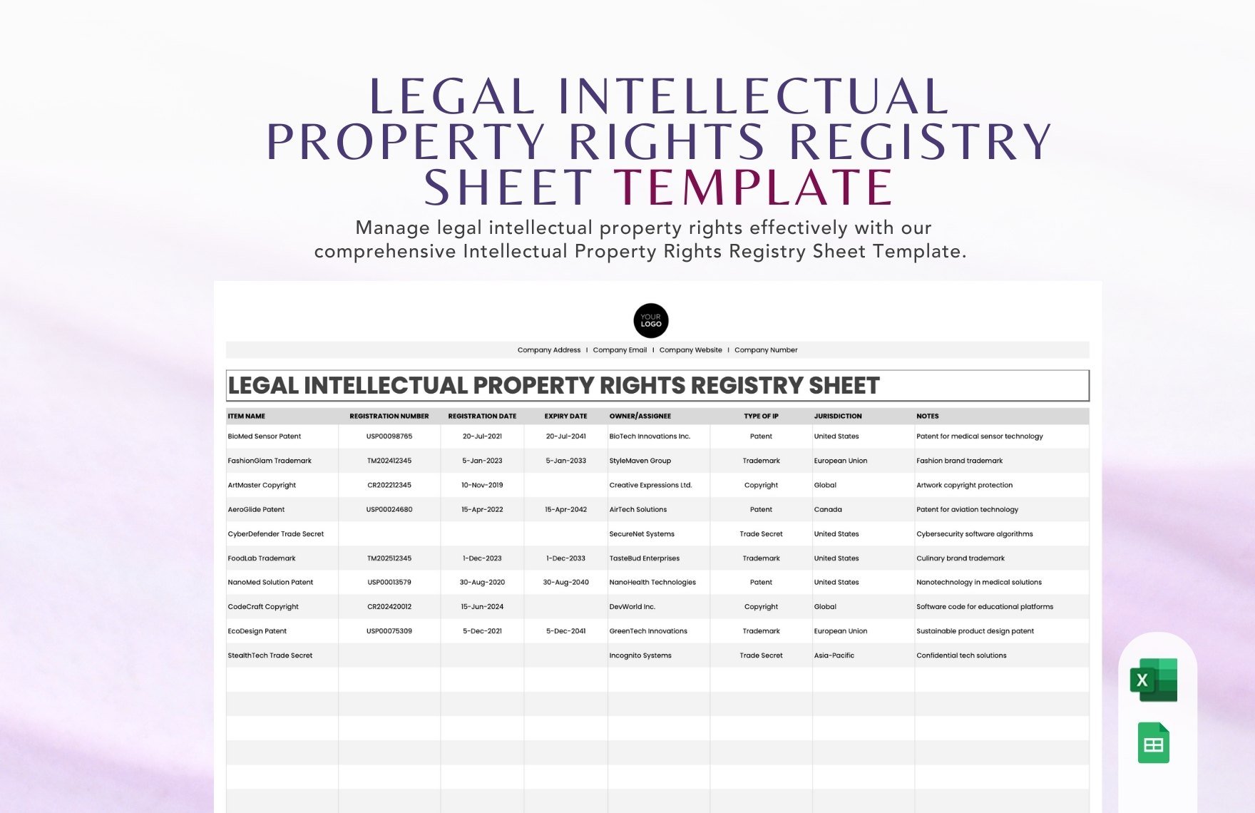 Legal Intellectual Property Rights Registry Sheet Template in Excel, Google Sheets