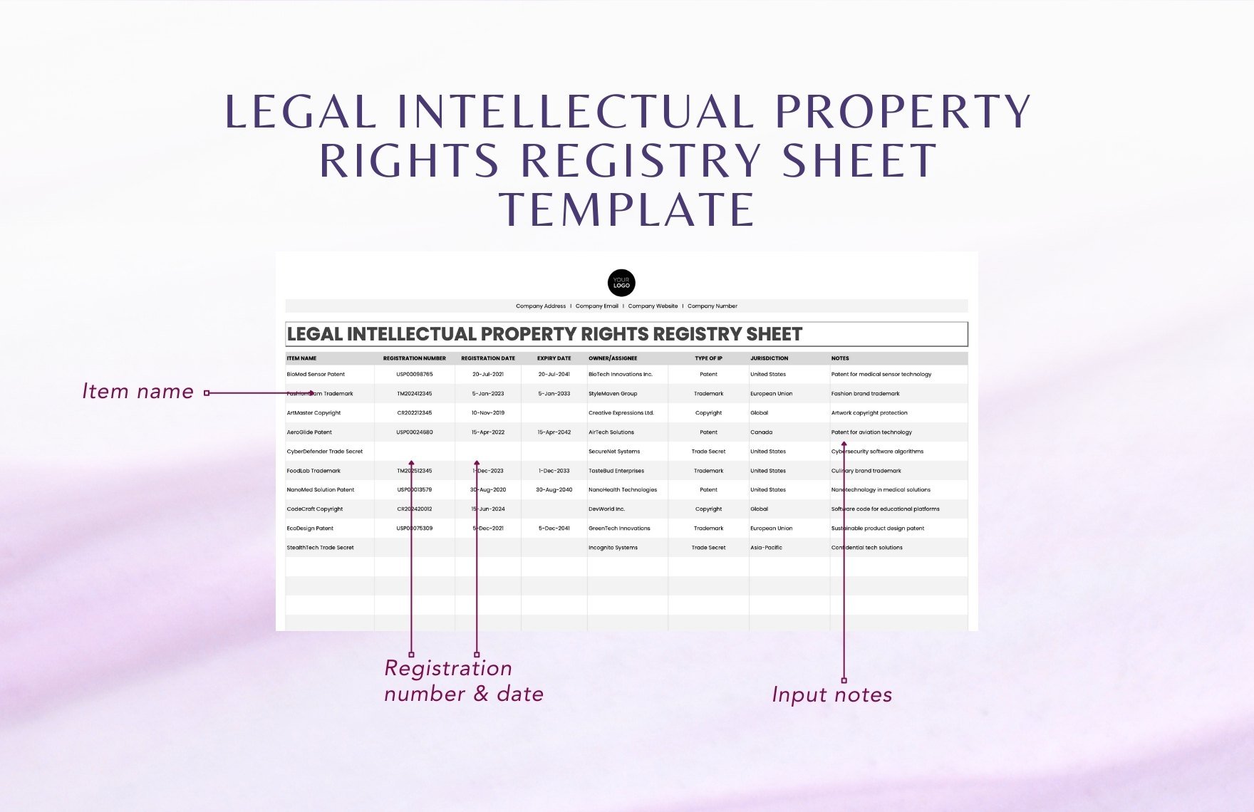 Legal Intellectual Property Rights Registry Sheet Template