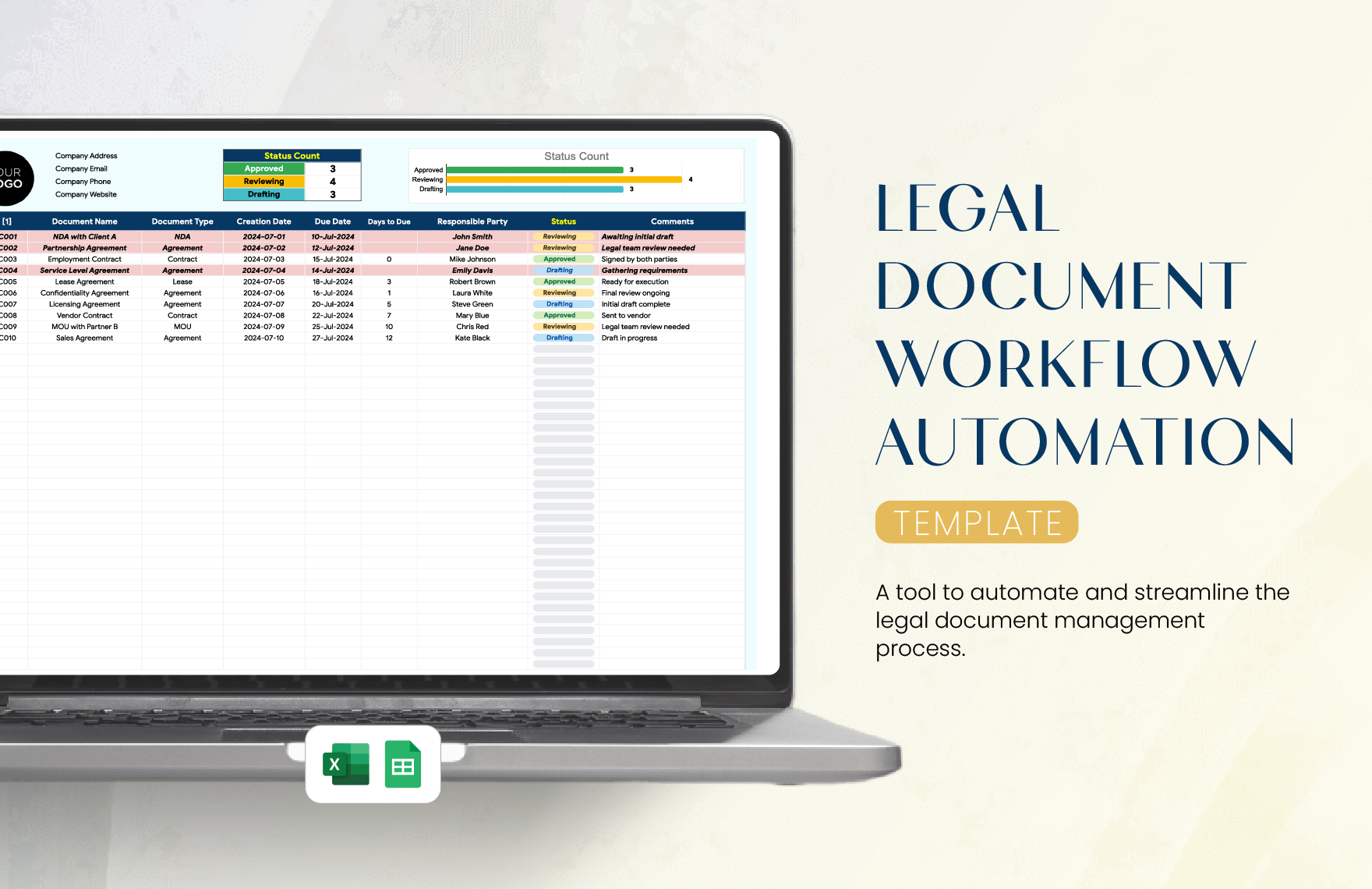 Legal Document Workflow Automation Template in Excel, Google Sheets