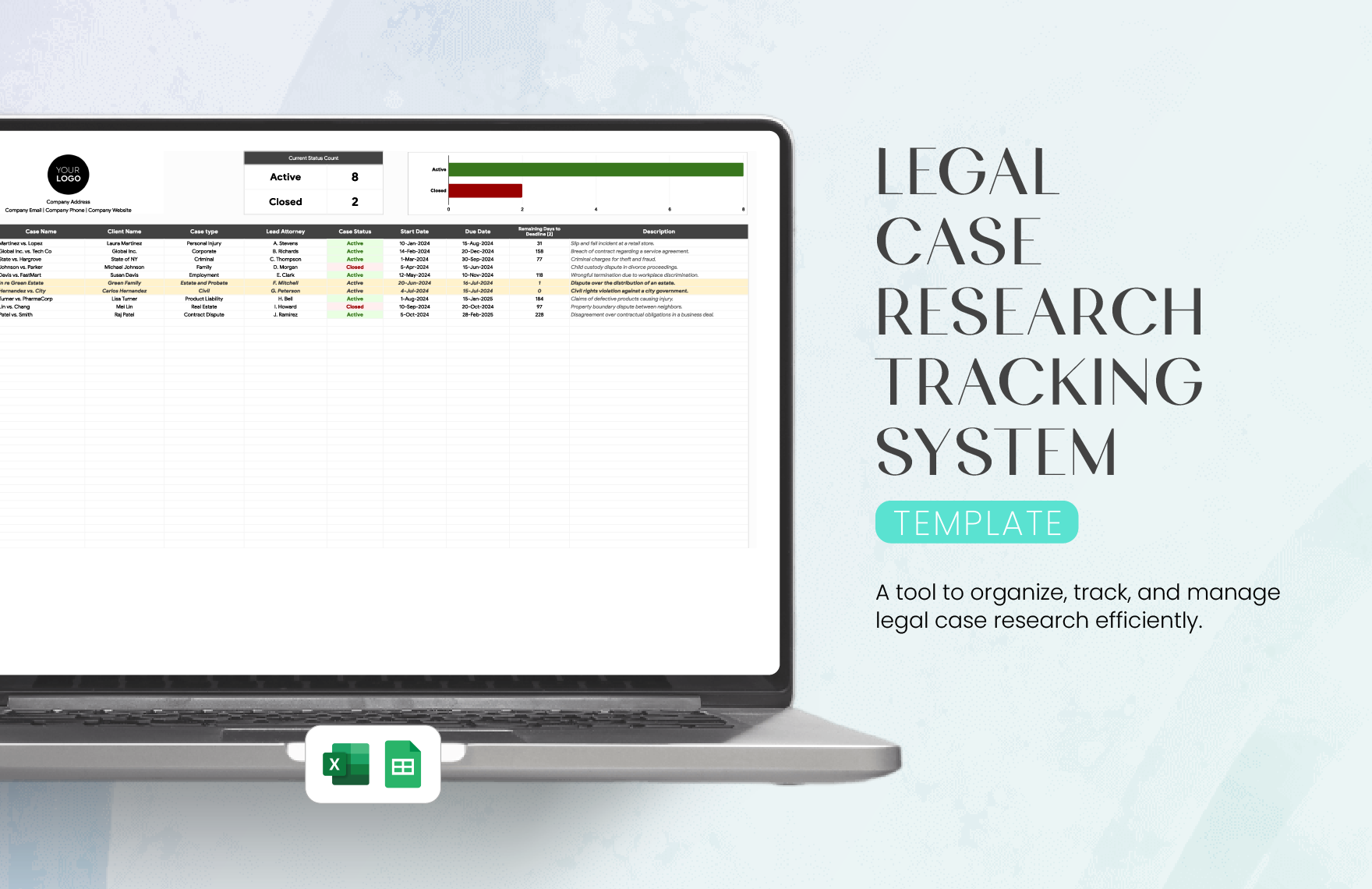 Legal  Case Research Tracking System Template in Excel, Google Sheets