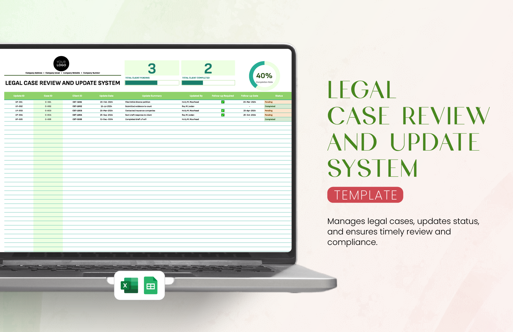 Legal Case Review and Update System Template in Excel, Google Sheets