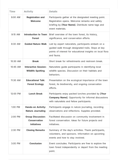 Free Town Forest Event Agenda Template to Edit Online