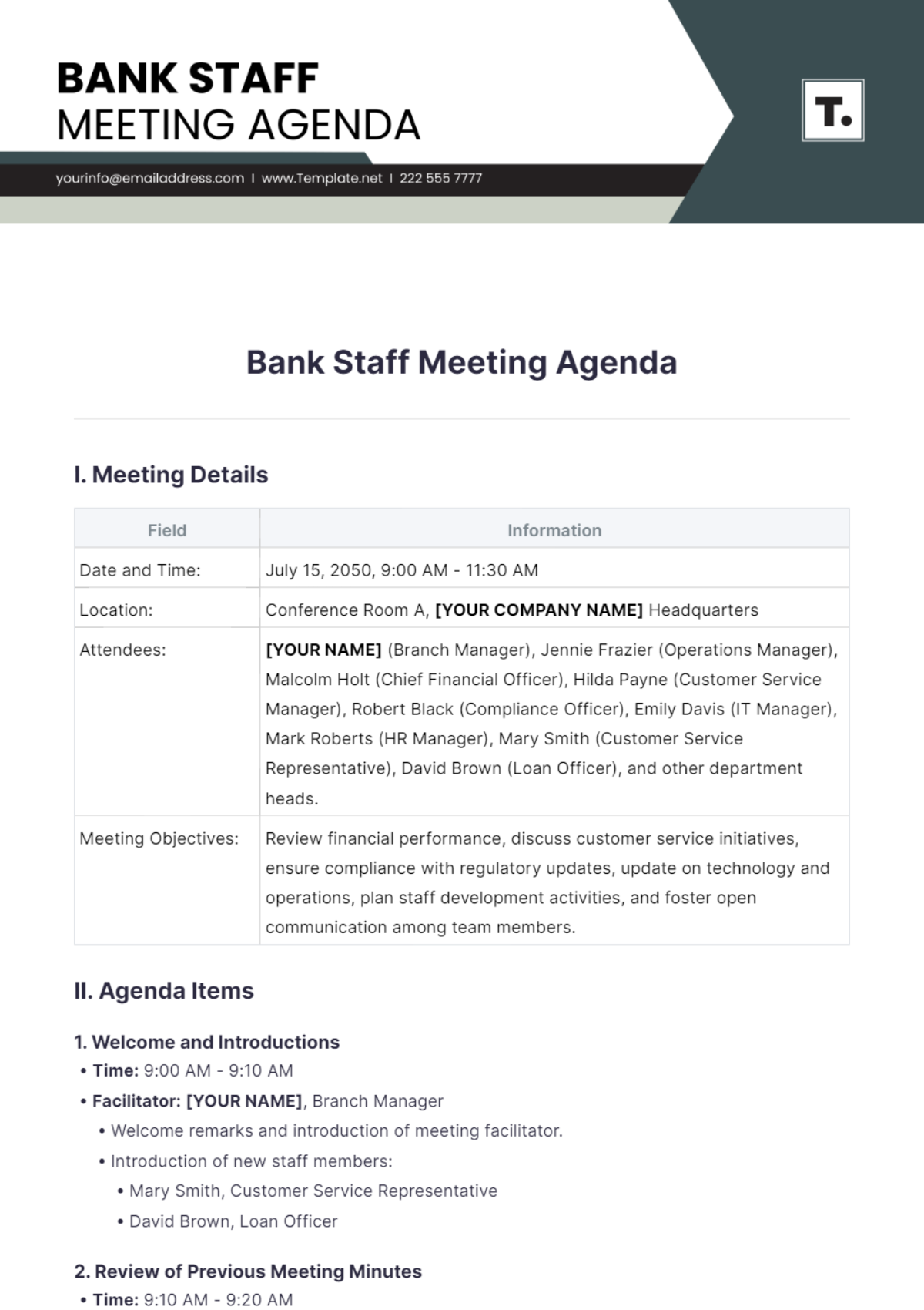 Bank Staff Meeting Agenda Template - Edit Online & Download