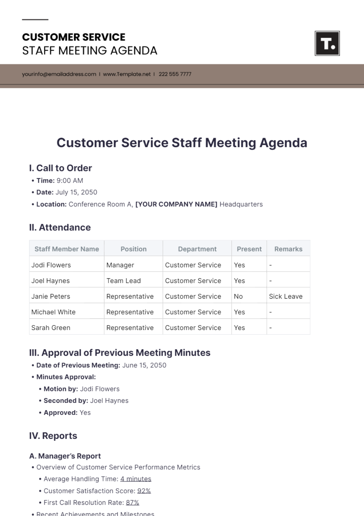 Customer Service Staff Meeting Agenda Template - Edit Online & Download