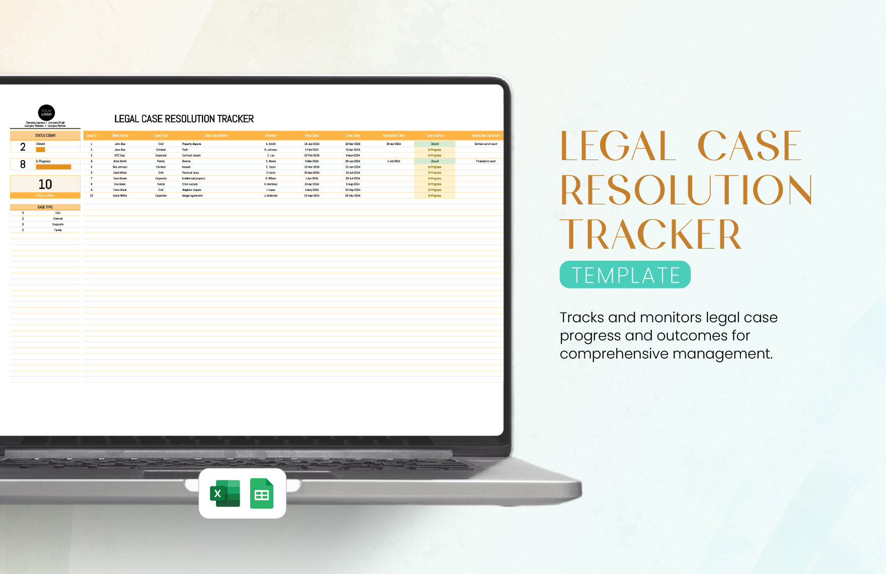 Legal Case Resolution Tracker Template in Excel, Google Sheets