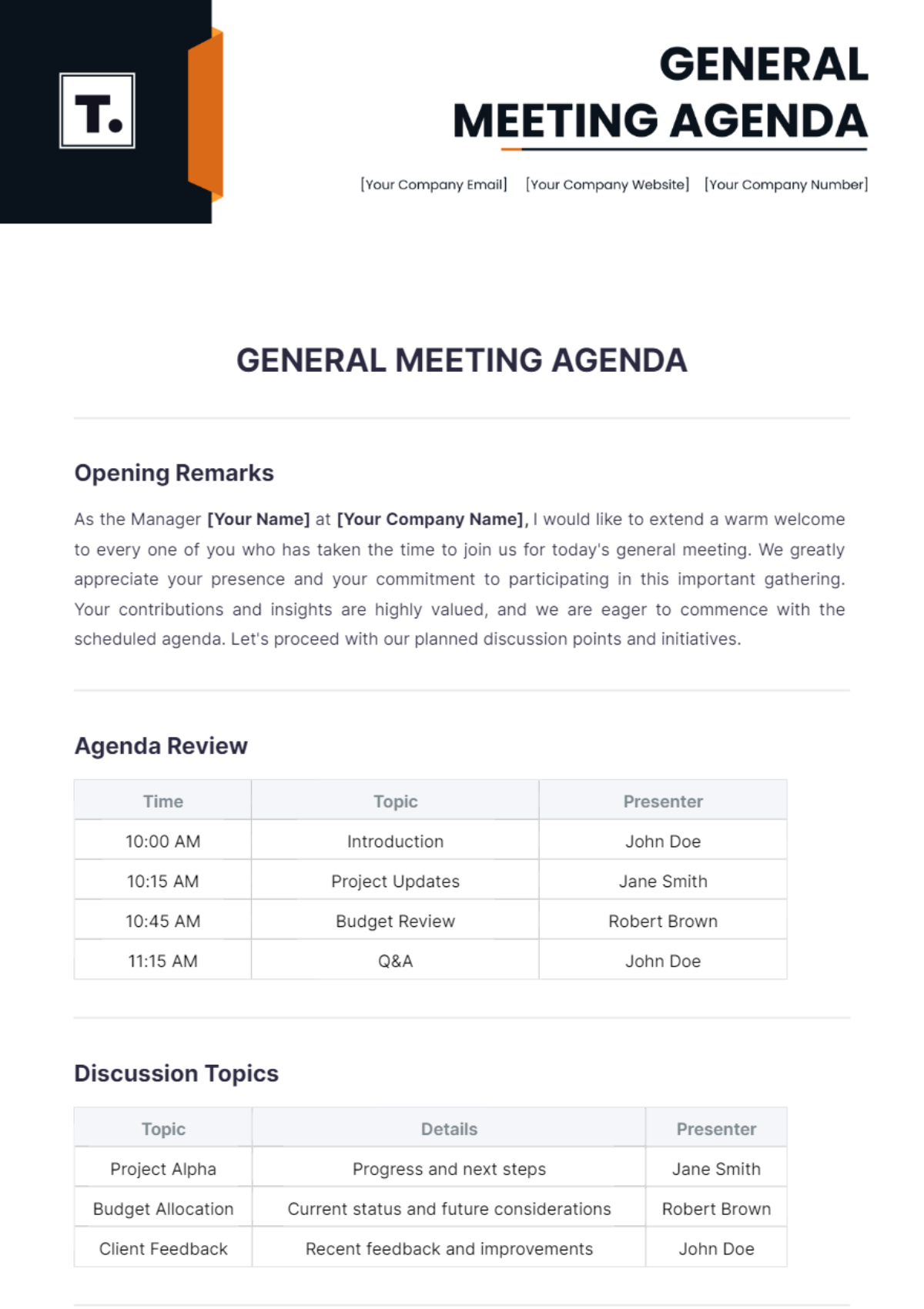 General Meeting Agenda Template - Edit Online & Download