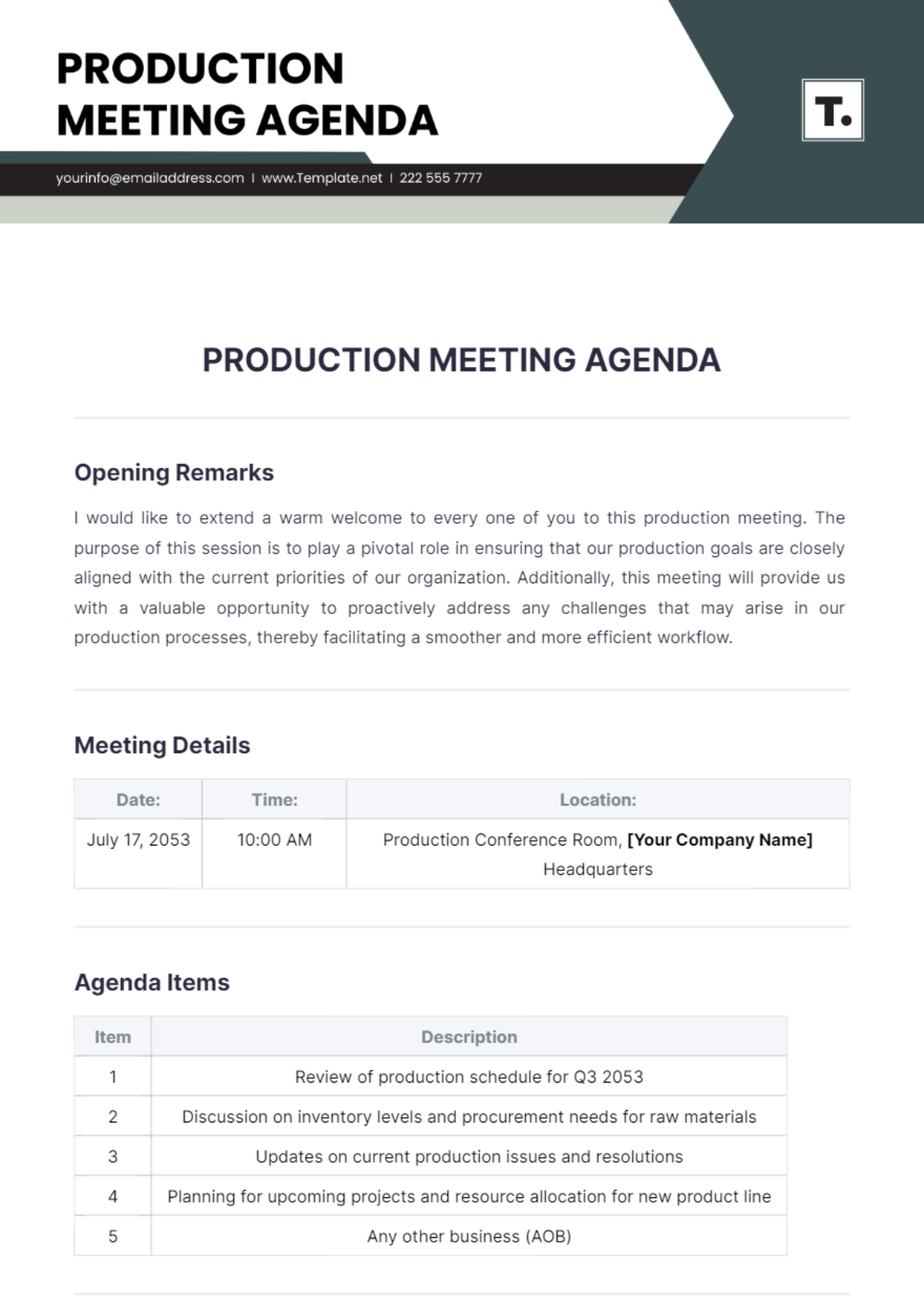 Production Meeting Agenda Template - Edit Online & Download