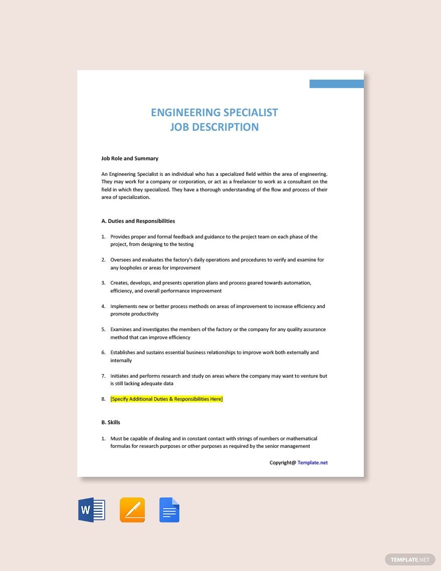 Engineering Specialist Job Ad and Description Template