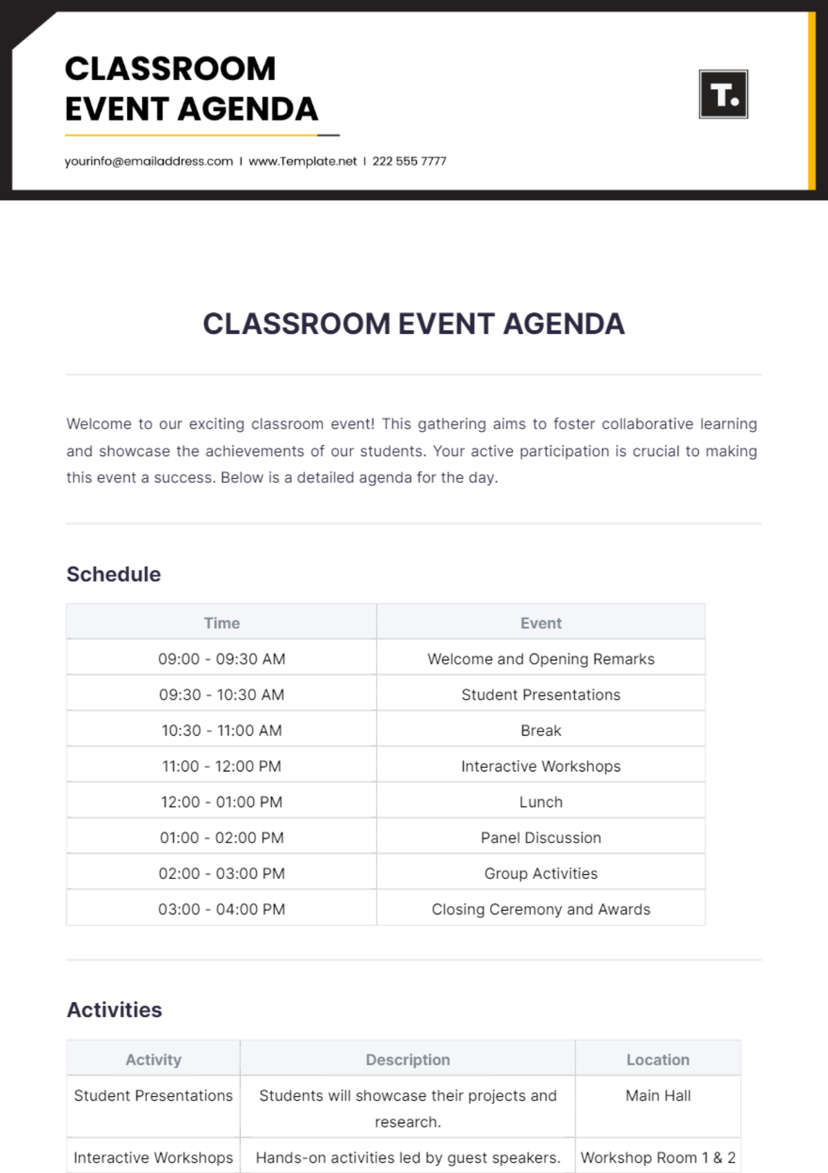 Classroom Event Agenda Template - Edit Online & Download