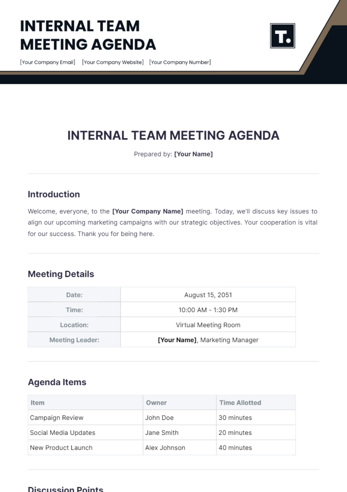 Internal Team Meeting Agenda Template - Edit Online & Download