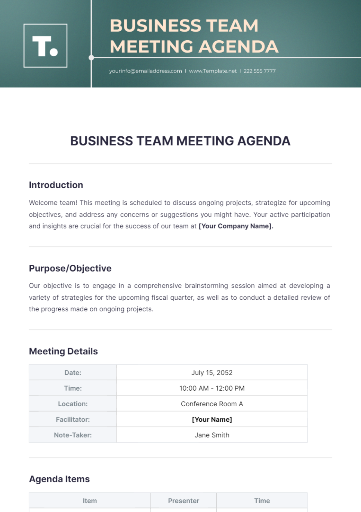 Business Team Meeting Agenda Template - Edit Online & Download