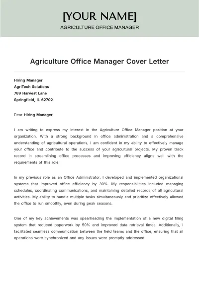 Free Agriculture Office Manager Cover Letter to Edit Online