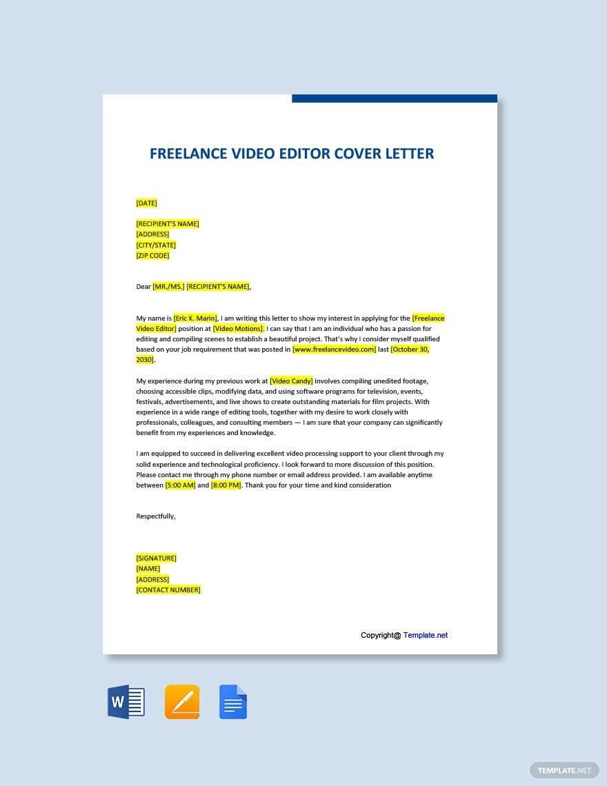 Freelance Video Editor Cover Letter Template