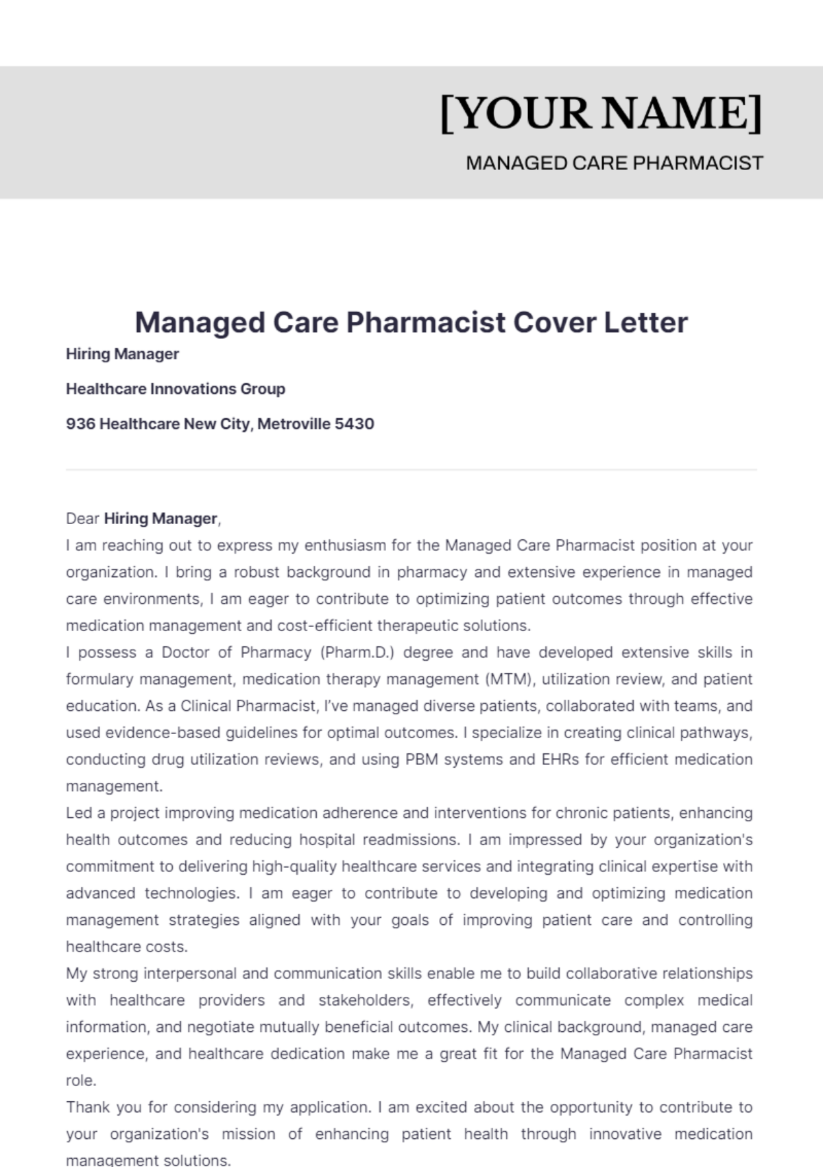 Managed Care Pharmacist Cover Letter - Edit Online & Download