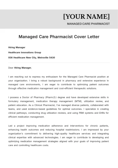 Free Managed Care Pharmacist Cover Letter to Edit Online