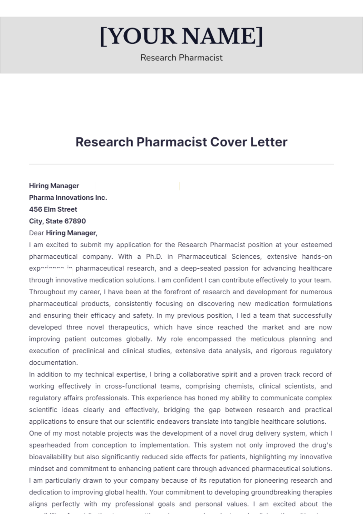 Research Pharmacist Cover Letter - Edit Online & Download