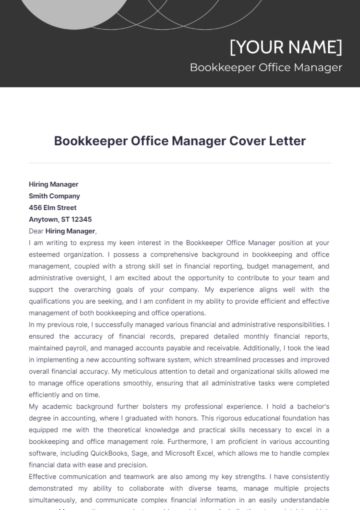 Bookkeeper Office Manager Cover Letter - Edit Online & Download