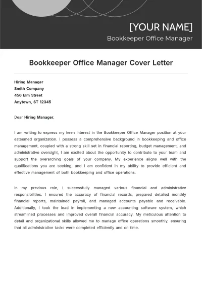Free Bookkeeper Office Manager Cover Letter to Edit Online