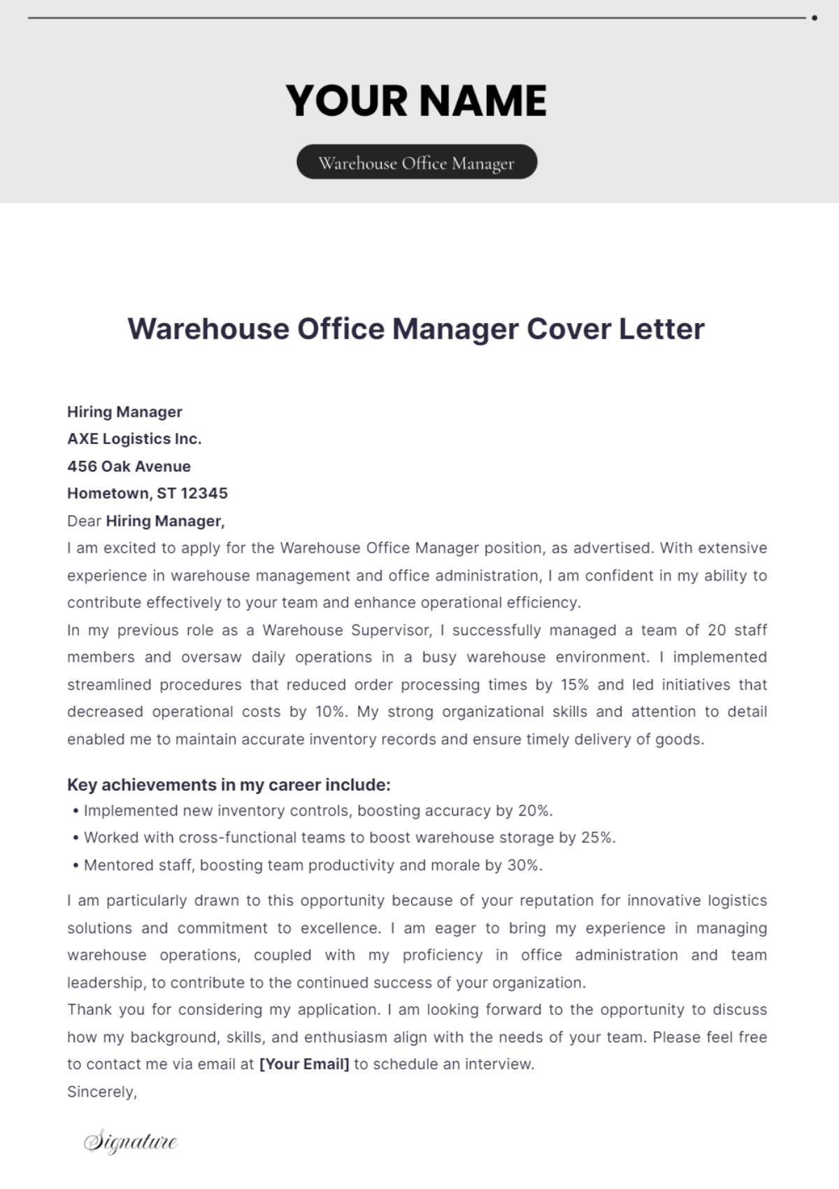 Warehouse Office Manager Cover Letter - Edit Online & Download