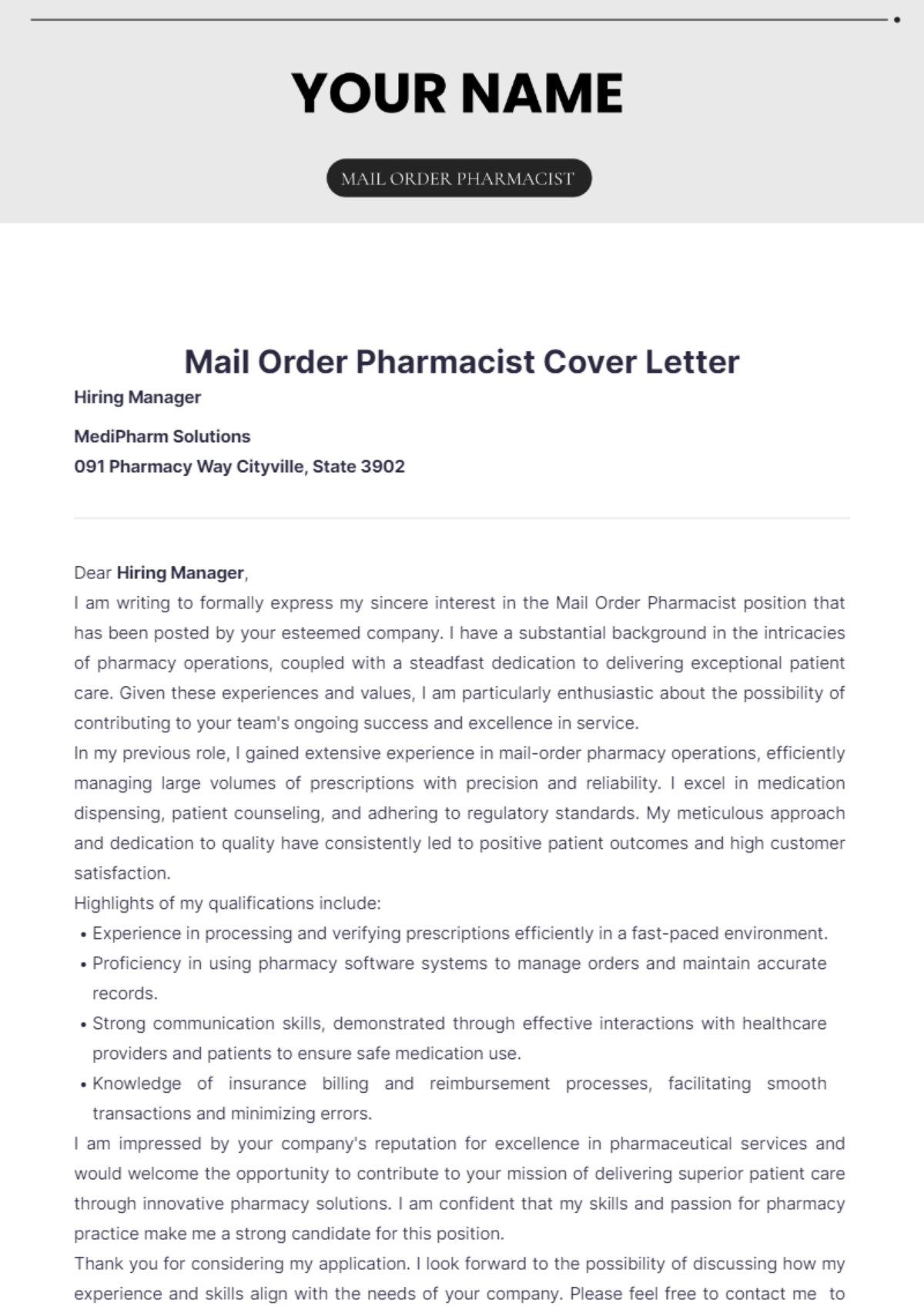 Mail Order Pharmacist Cover Letter - Edit Online & Download