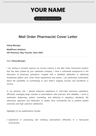 Free Mail Order Pharmacist Cover Letter to Edit Online