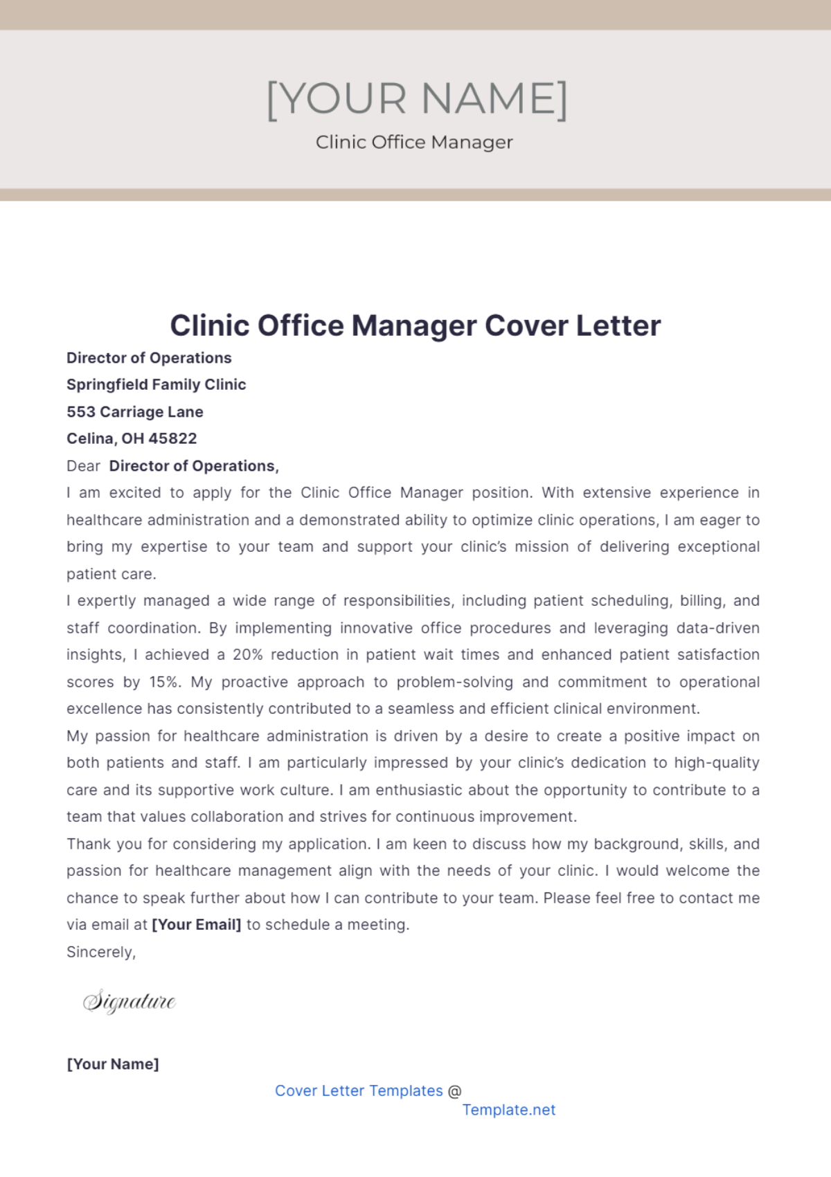 Free Clinic Office Manager Cover Letter Template