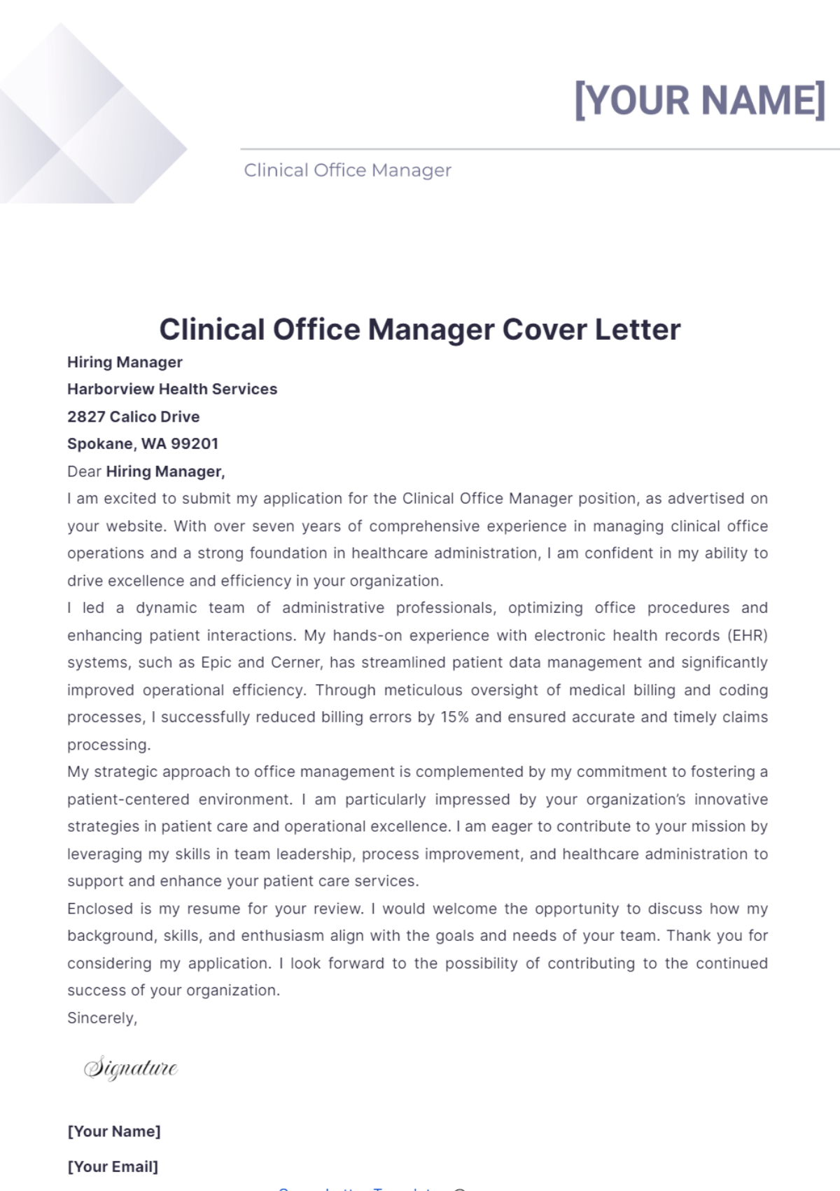 Clinical Office Manager Cover Letter