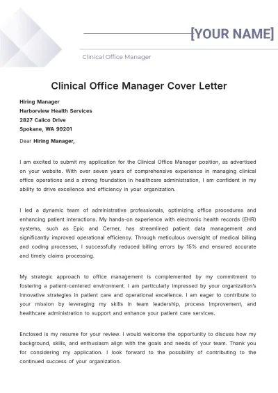 Free Clinical Office Manager Cover Letter to Edit Online