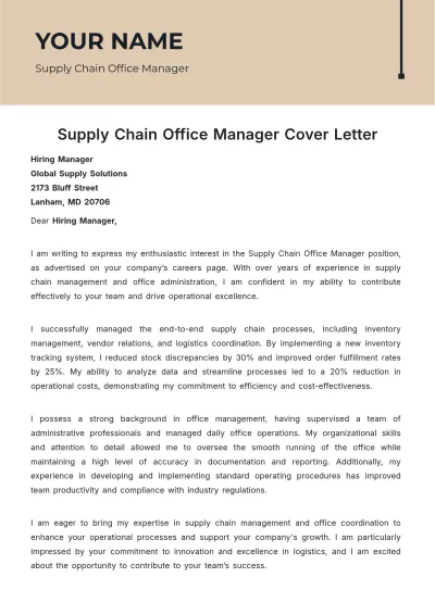 Free Supply Chain Office Manager Cover Letter to Edit Online