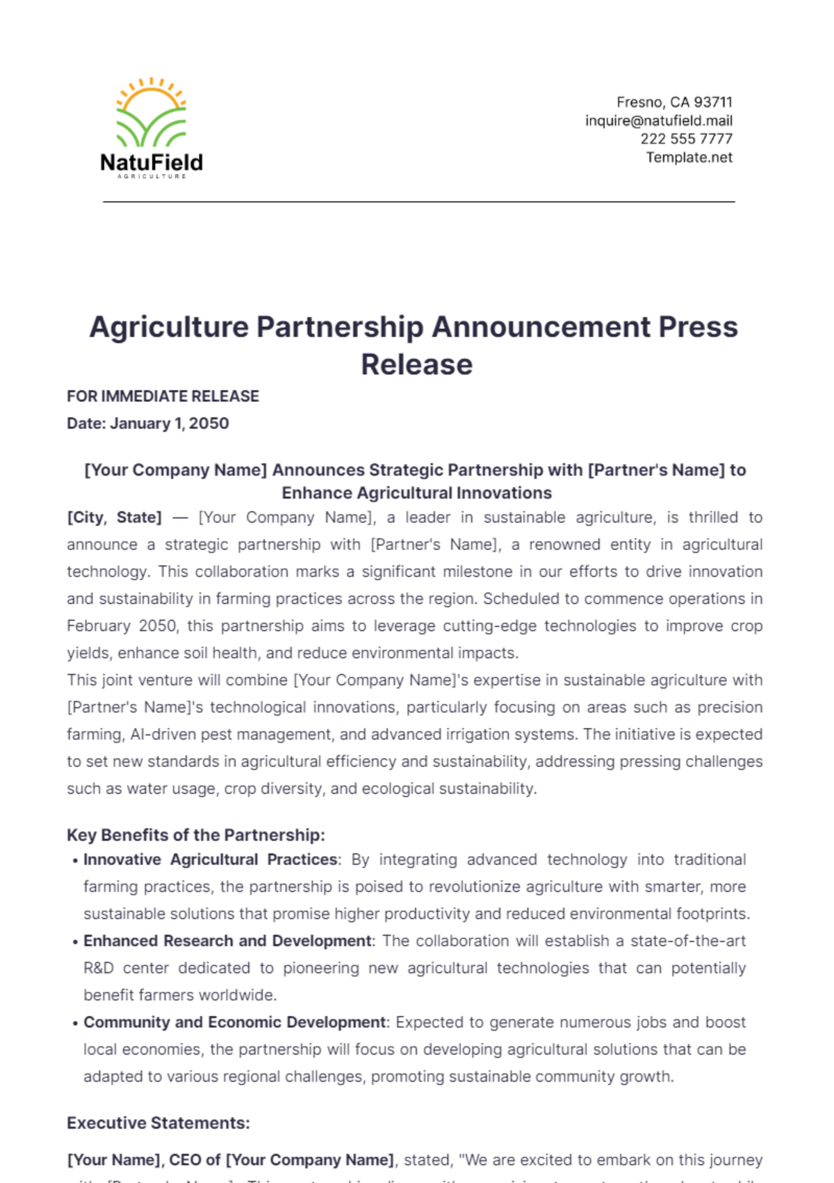 Free Agriculture Partnership Announcement Press Release Template