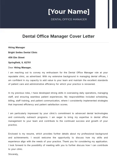 Free Dental Office Manager Cover Letter to Edit Online