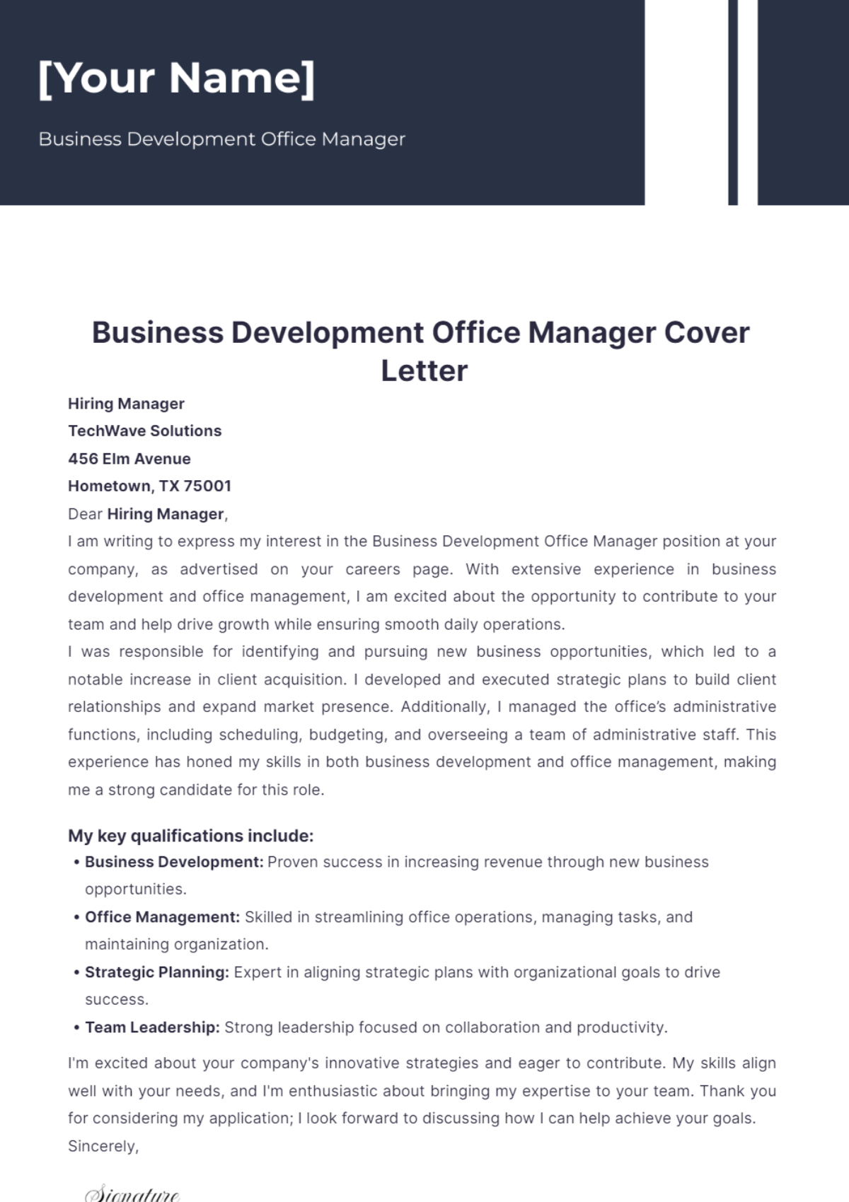 Business Development Office Manager Cover Letter