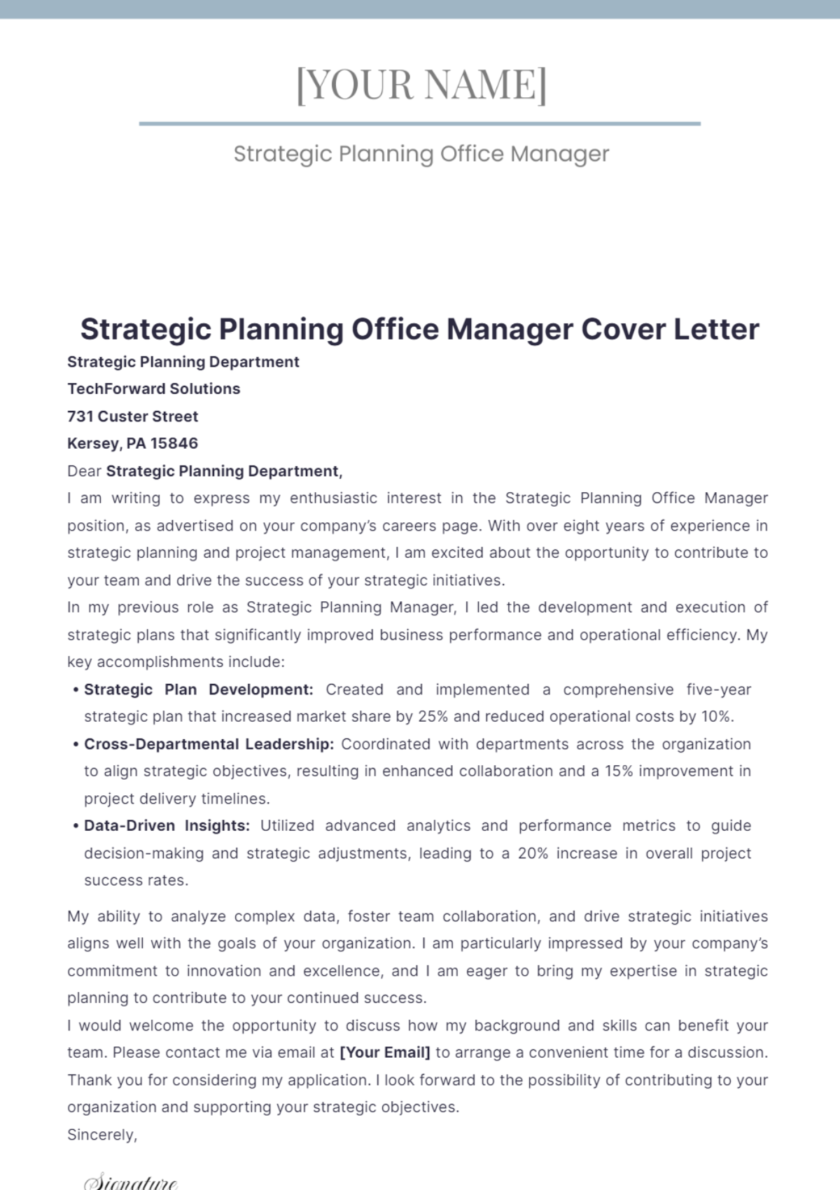 Strategic Planning Office Manager Cover Letter