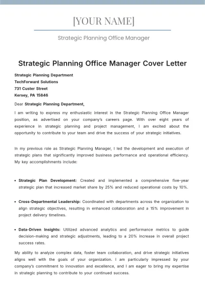Free Strategic Planning Office Manager Cover Letter to Edit Online