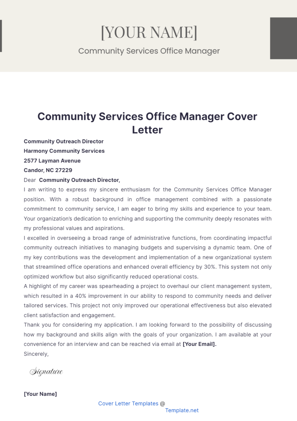 Community Services Office Manager Cover Letter