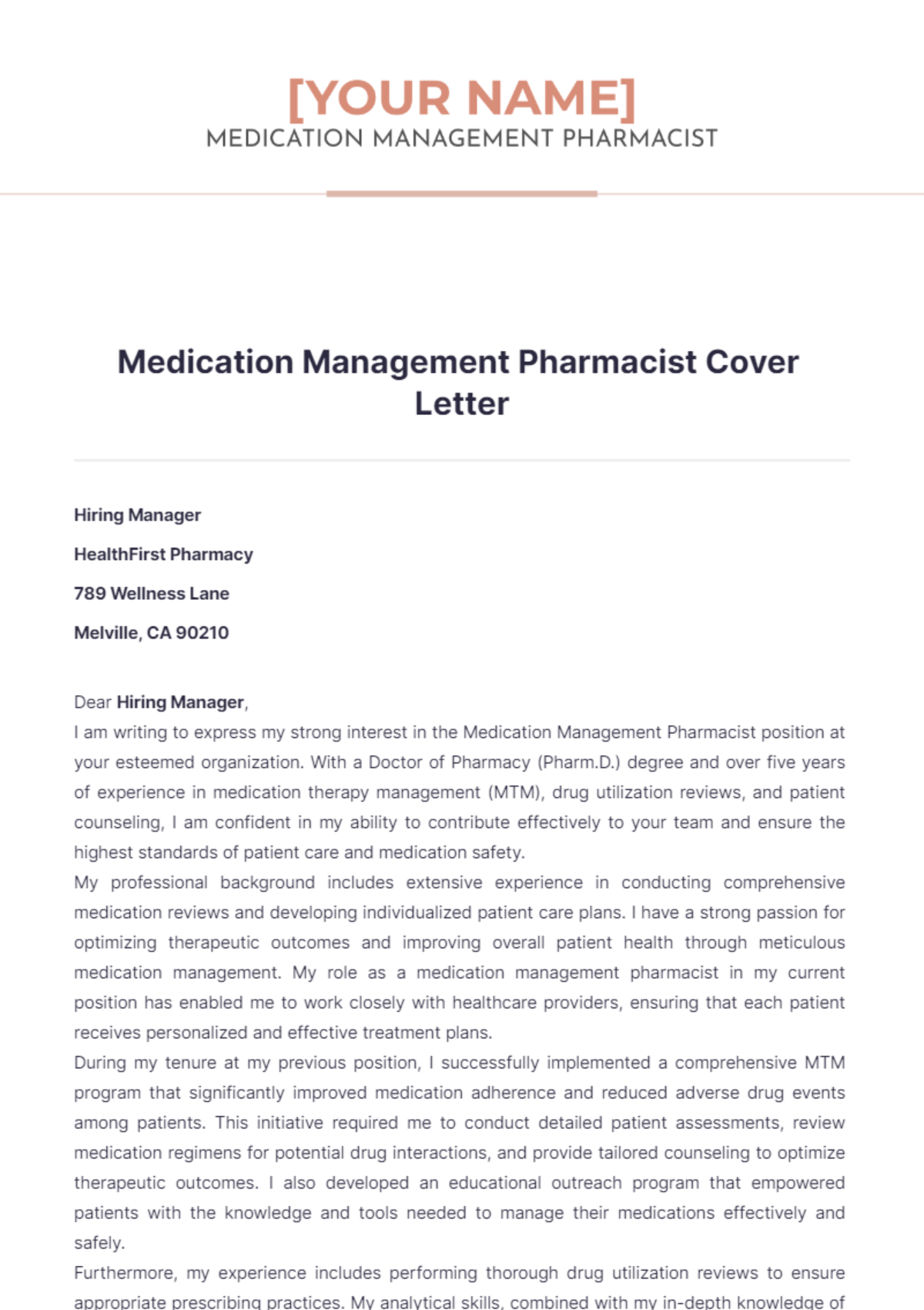 Medication Management Pharmacist Cover Letter