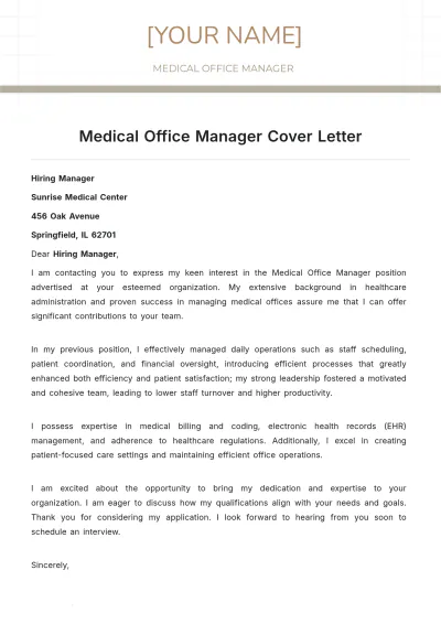 Free Medical Office Manager Cover Letter to Edit Online