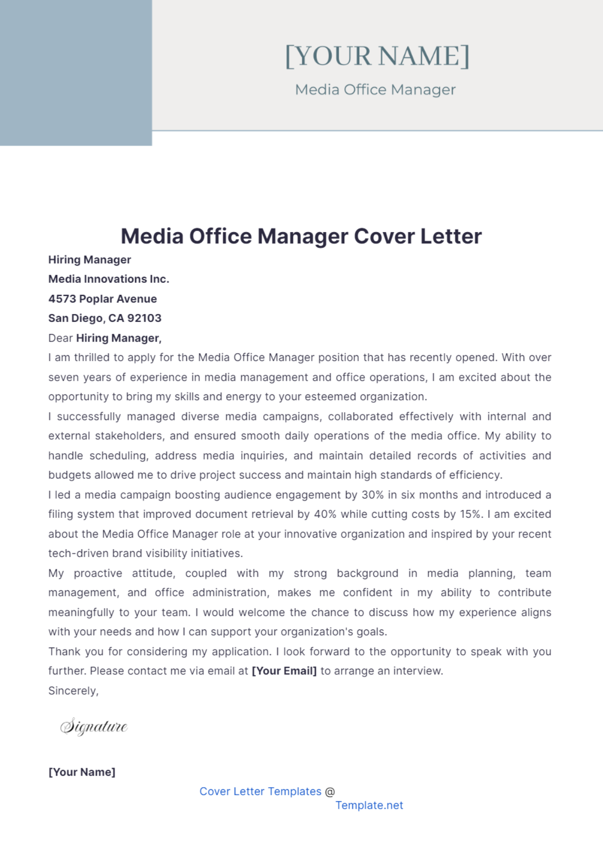 Media Office Manager Cover Letter