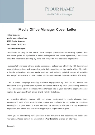 Free Media Office Manager Cover Letter to Edit Online