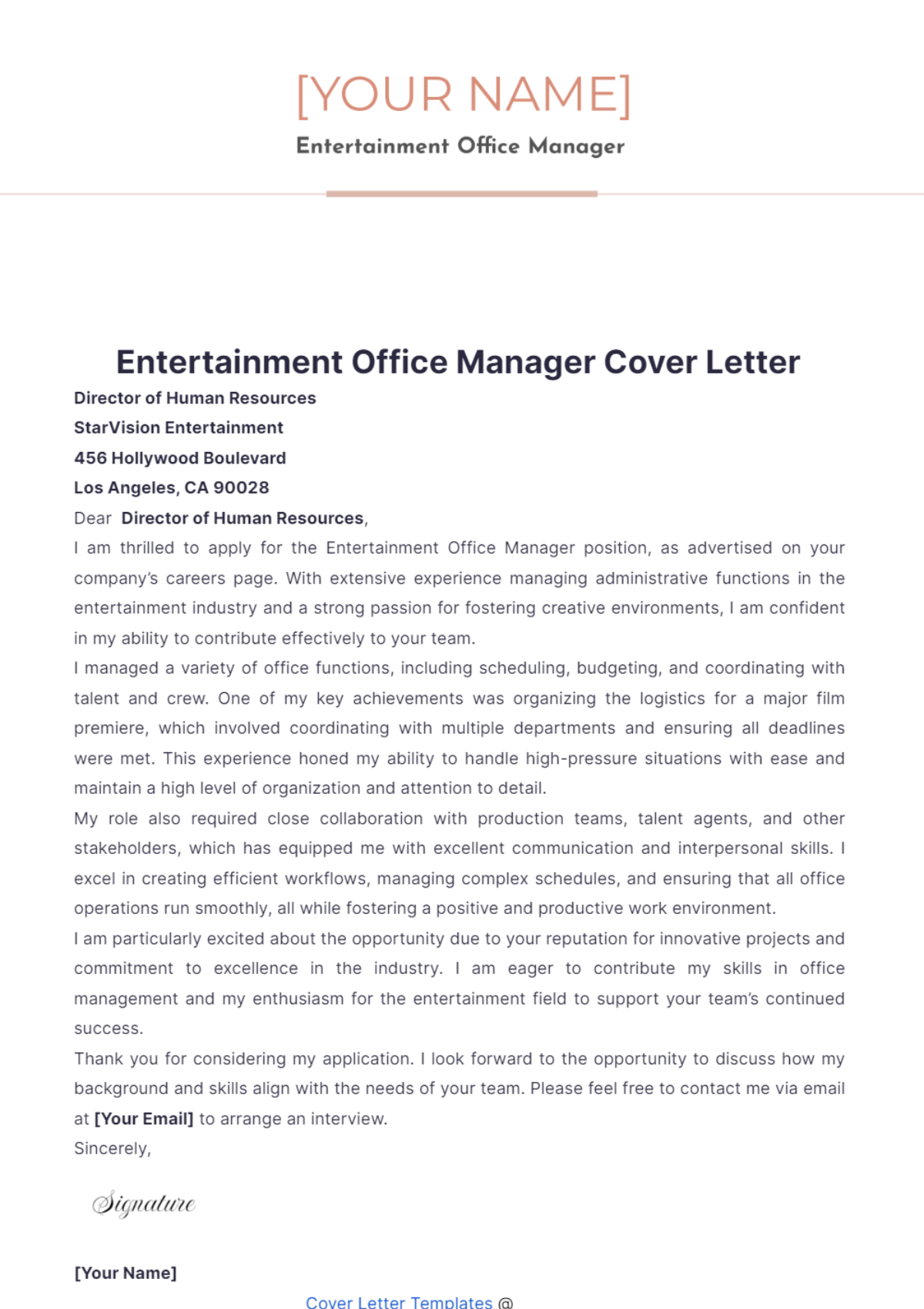 Entertainment Office Manager Cover Letter