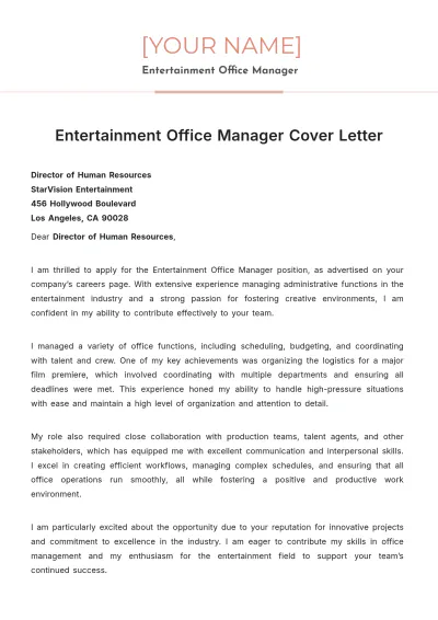 Free Entertainment Office Manager Cover Letter to Edit Online